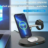 A 3-in-1 magnetic wireless charging station is shown charging an iPhone, a smartwatch, and headphones.