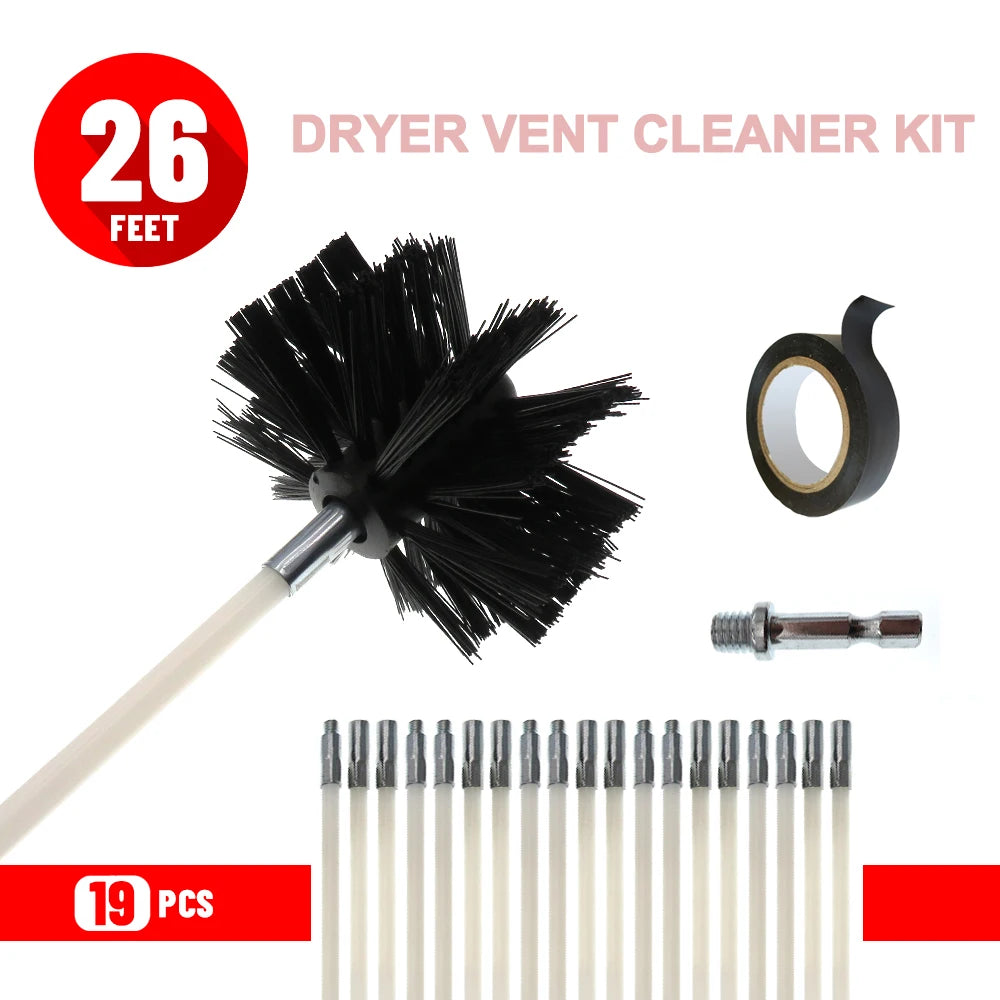 A kit for dryer vent cleaning including a long brush, a cleaning tool, and 19 cleaning bristles.