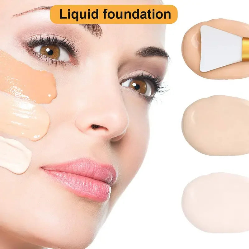 A close-up of a woman applying liquid foundation using a silicone facial mask brush on her face.