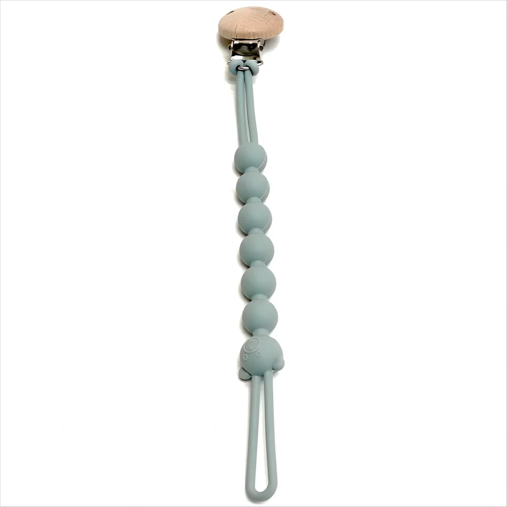 A light blue silicone pacifier clip with an anti-lost chain and a wooden top.