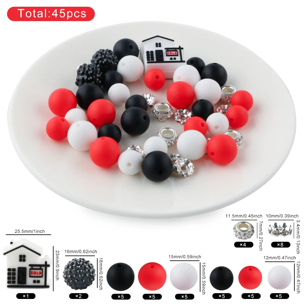 A collection of 45 round silicone beads in various colors including black, white, and red, displayed on a white plate.
