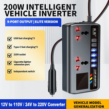 A gray intelligent vehicle inverter with a power cord and various output ports is shown against a white background.