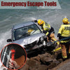 A person uses an emergency escape tool, specifically a seatbelt cutter, on a damaged car in a rocky environment.