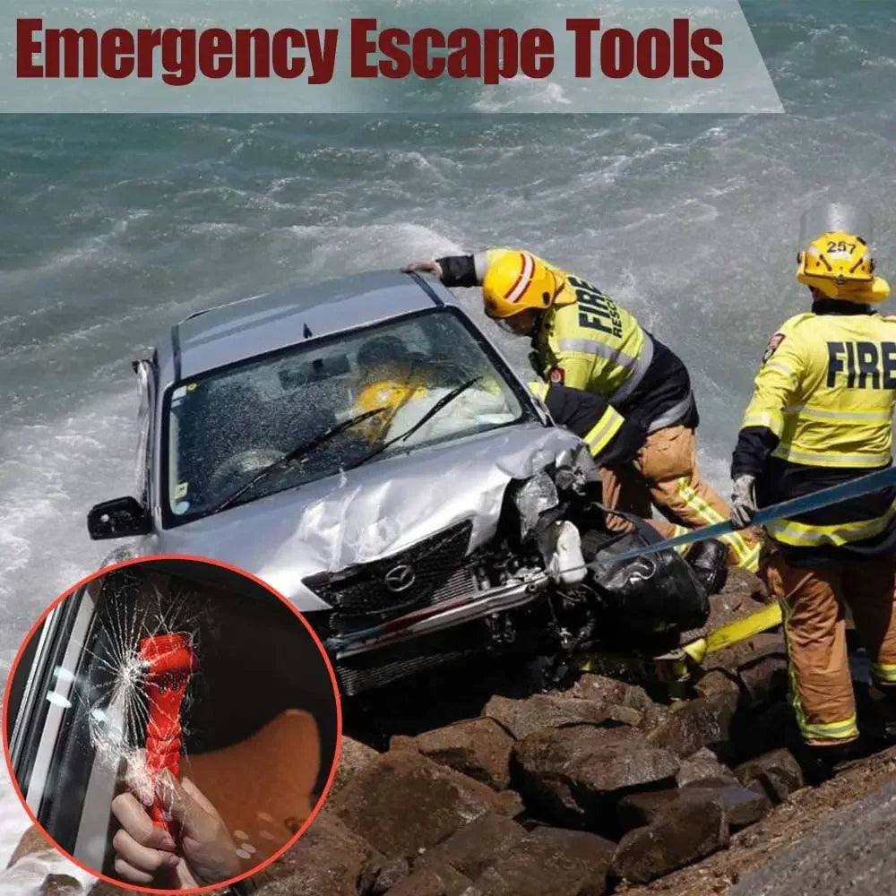 A person uses an emergency escape tool, specifically a seatbelt cutter, on a damaged car in a rocky environment.