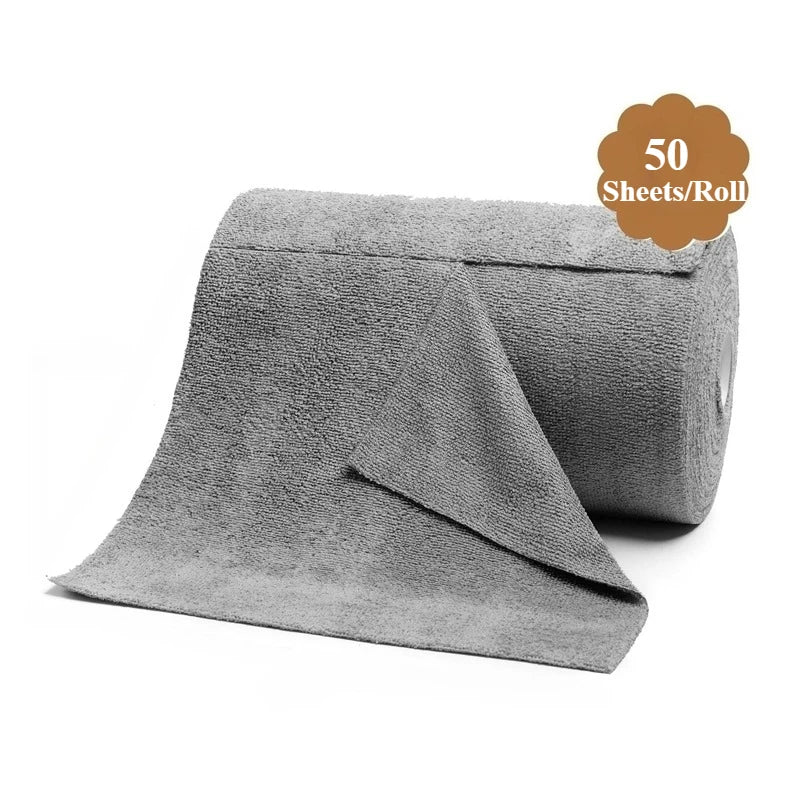 A roll of 50 sheets of gray reusable microfiber cleaning wipes or kitchen cloths.