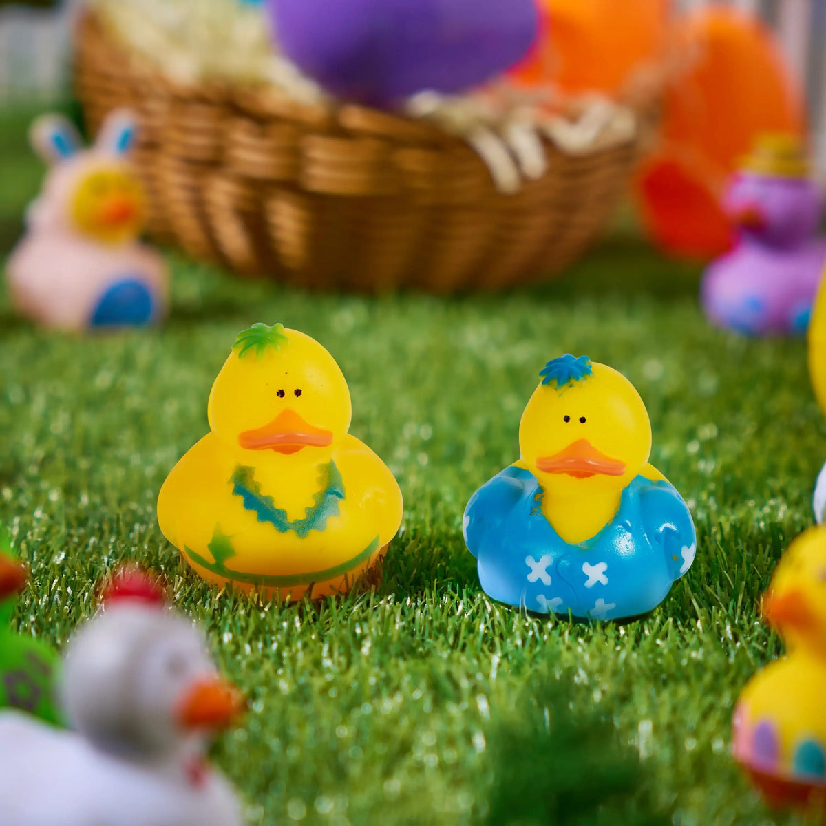 A collection of colorful rubber ducks, including yellow and blue ones, are scattered on green grass.