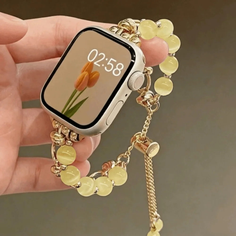 Crystal Bead Watch Strap with Adjustable Metal Link Design