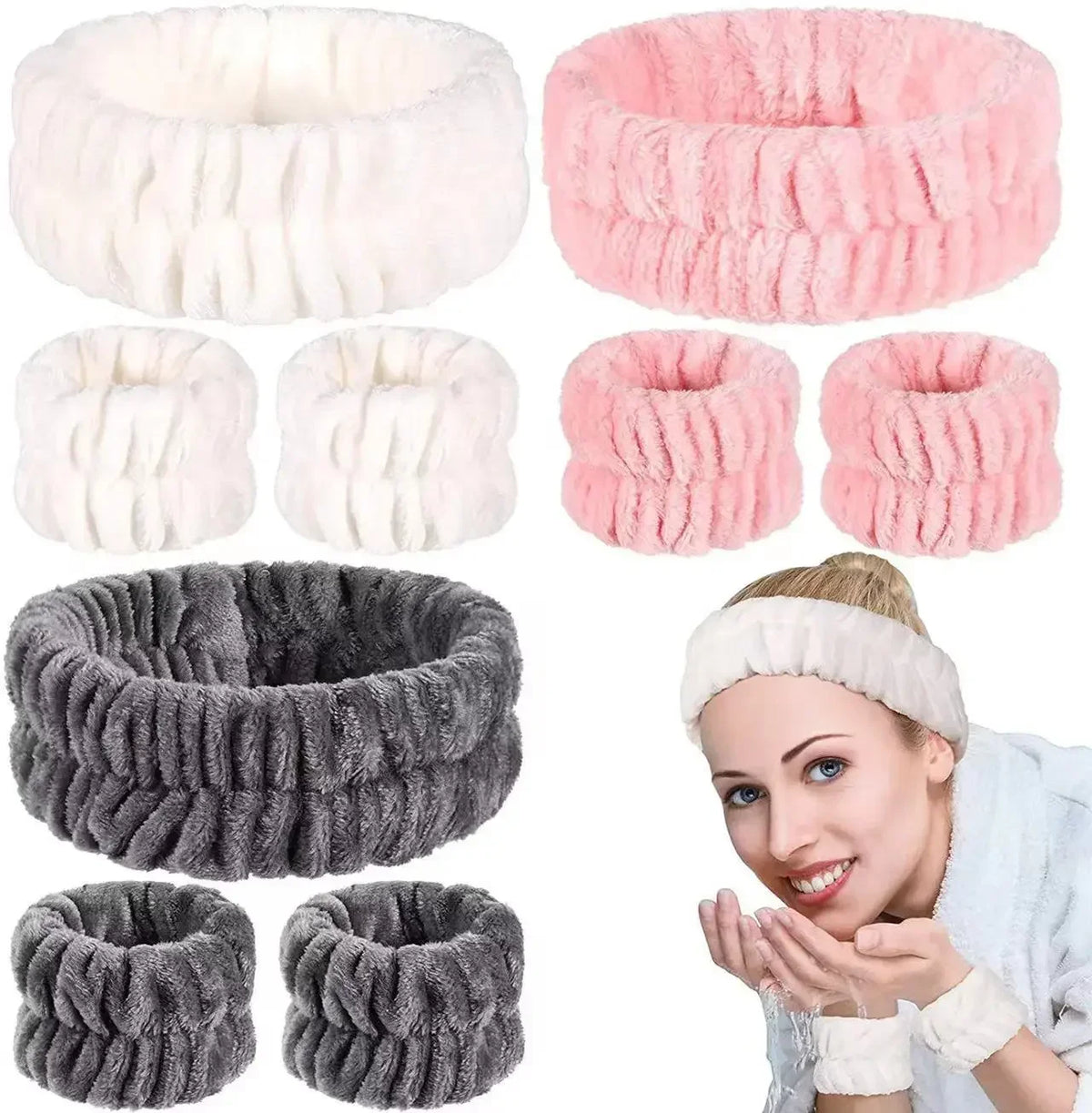 A collection of white and pink microfiber wrist sweatbands and scrunchies for face washing, shown next to a woman.