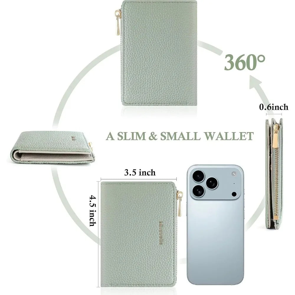A slim light green wallet shown in various views, including a folded wallet and a full-sized version next to an iPhone.