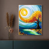 A diamond painting featuring a vibrant sunset tree against a starry night sky and reflective water.