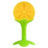 An orange silicone baby teether with a yellow, textured top and a lime green handle.