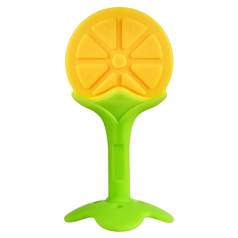 An orange silicone baby teether with a yellow, textured top and a lime green handle.