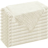 A stack of six raw-edge, light beige polyester cloth napkins folded neatly.