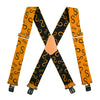 A pair of orange and black elastic X-back suspenders for men