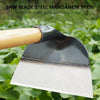 A black saw blade steel garden hoe with a wooden handle is shown against a green leafy background.
