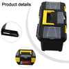 A black plastic toolbox with yellow accents and clear plastic lids, showing a detail view of the latch mechanism.