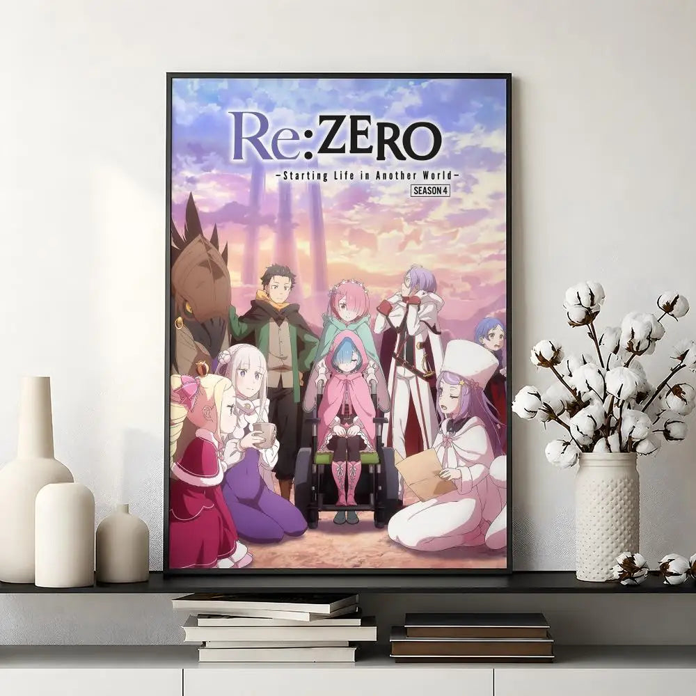 A poster featuring characters from Re:Zero Season 4, depicting a fantasy scene with purple and pink tones.