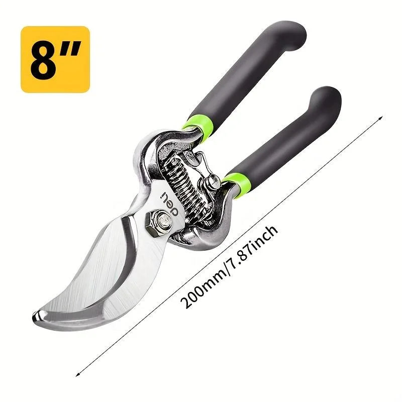A silver bypass pruning shear with a black anti-slip grip and an 8-inch blade.