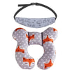 A gray and white patterned baby head and neck support pillow with an orange fox design and a black safety strap.