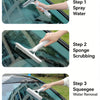 Three steps showing how to clean a car window using a squeegee, spray bottle, and microfiber cloth.