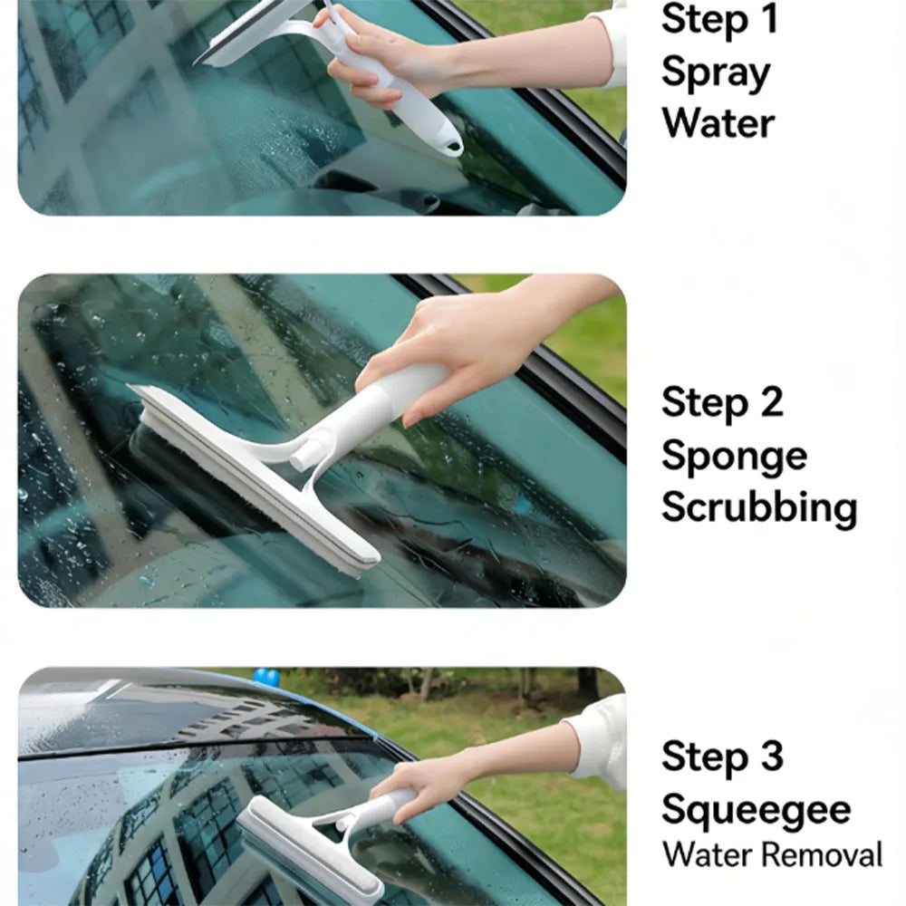 Three steps showing how to clean a car window using a squeegee, spray bottle, and microfiber cloth.