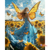 A woman with flowing hair and large yellow butterfly wings stands amidst a field of sunflowers.