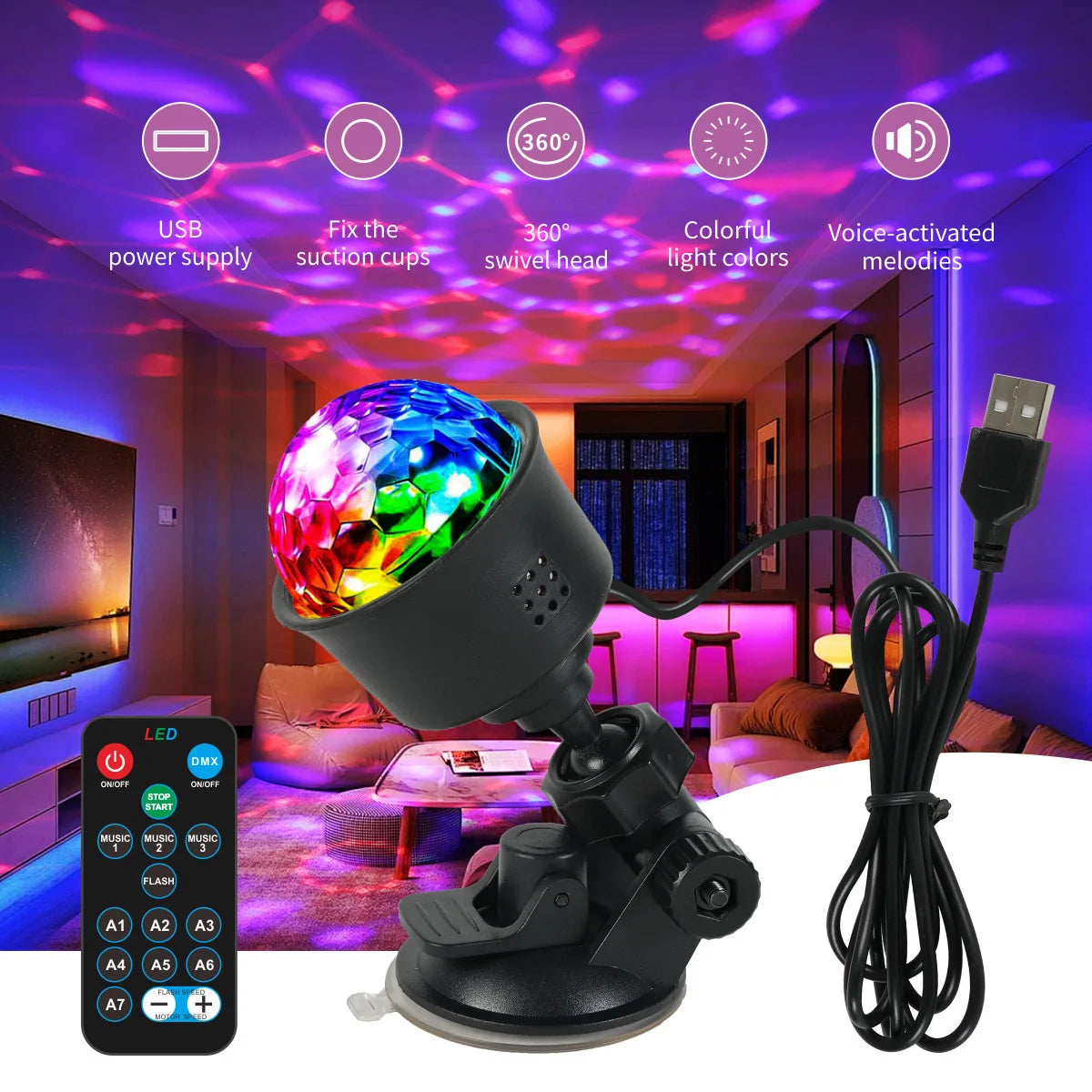 An RGB LED disco ball light fixture with a remote control and power cord is shown in a dimly lit room.