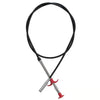 A black drain unclogging tool with an ergonomic handle and a threaded tip.