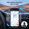 A phone mount with 360 degree rotation is shown mounted in a car, displaying a map navigation screen.