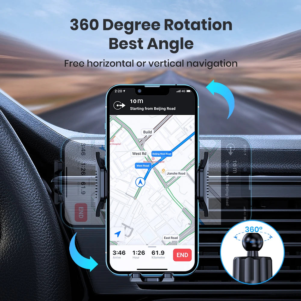 A phone mount with 360 degree rotation is shown mounted in a car, displaying a map navigation screen.