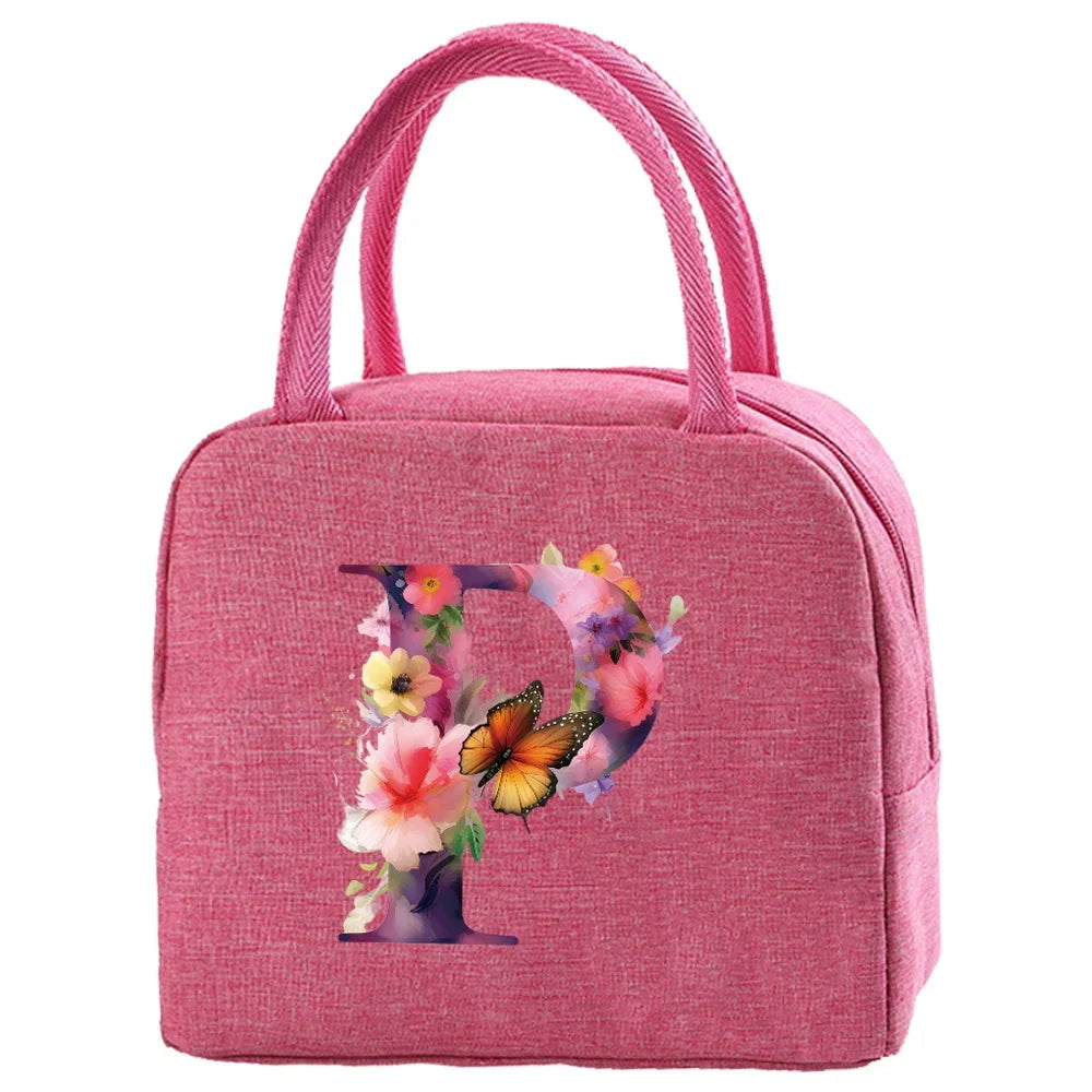 Insulated Canvas Lunch Bag with Butterfly Letter Pattern