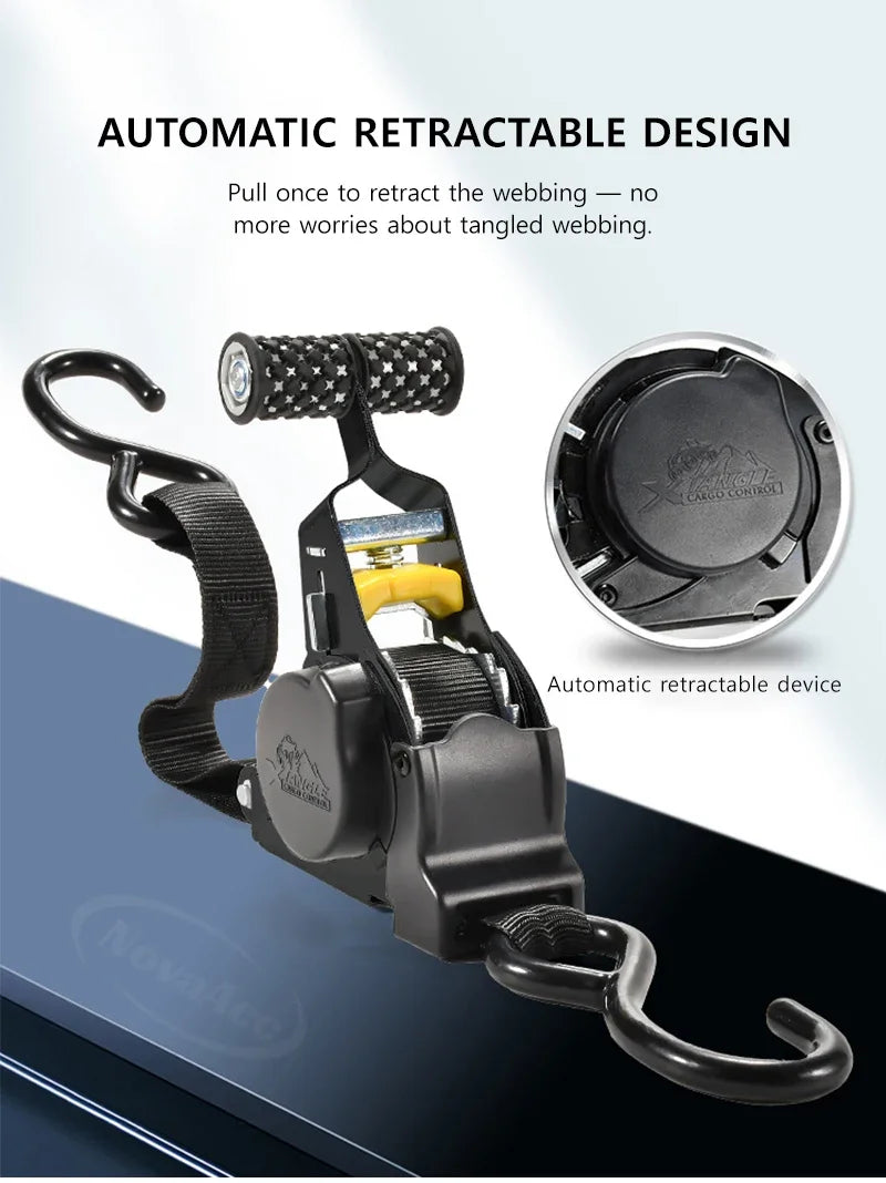 Automatic retractable device for heavy duty ratchet straps shown with a pull mechanism and a close-up view of the device.