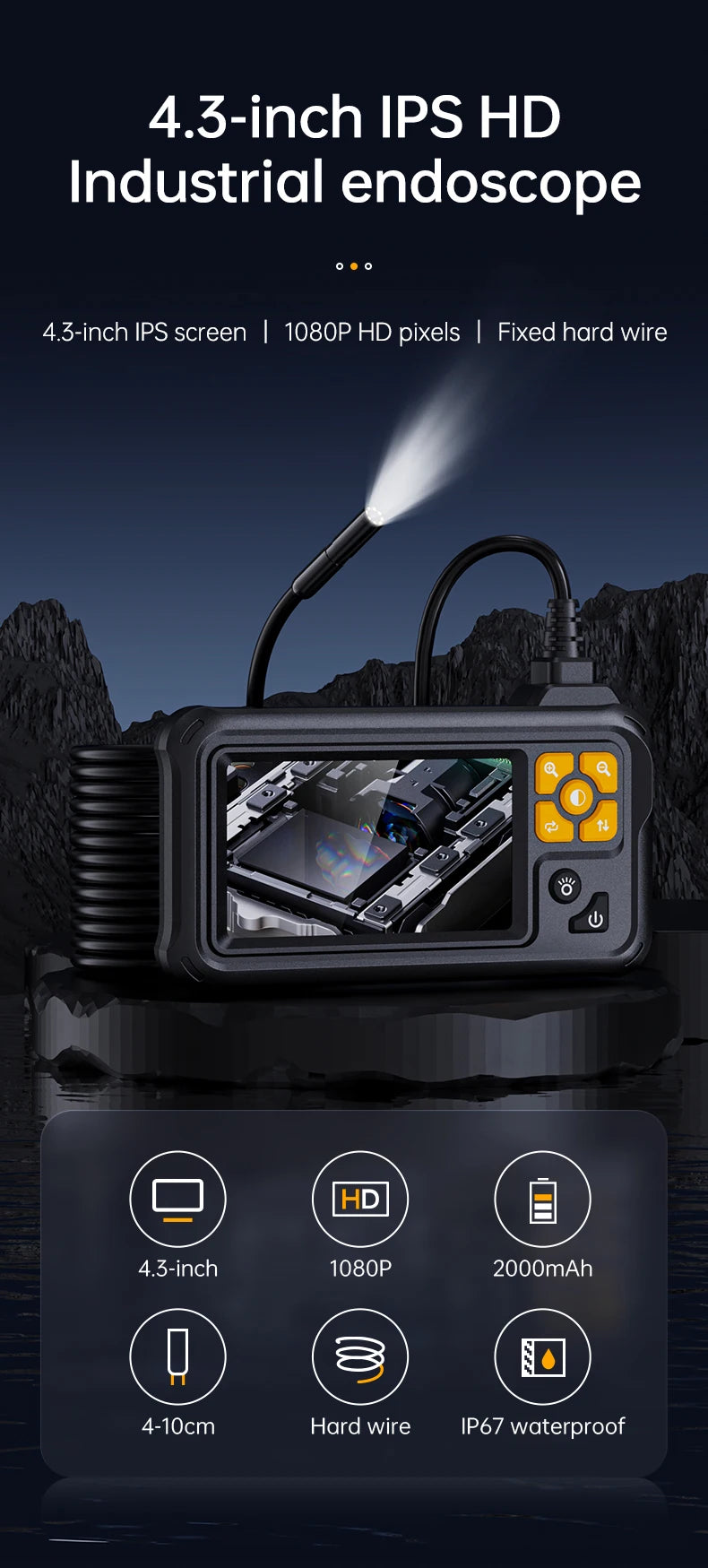 4.3" IPS Dual-Lens Inspection Camera with 1080P HD & IP67 Waterproofing