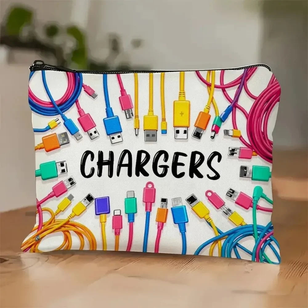 A zippered pouch filled with various electronic chargers and cables in colorful plastic connectors.