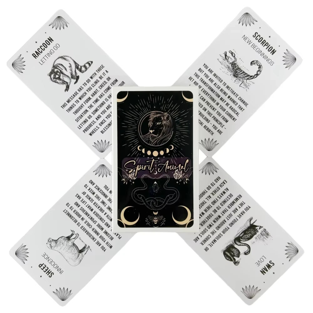 A set of Spirit Animal Oracle cards featuring illustrations and meanings for beginners