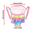 Pink and rainbow colored doll carrier backpack with adjustable straps