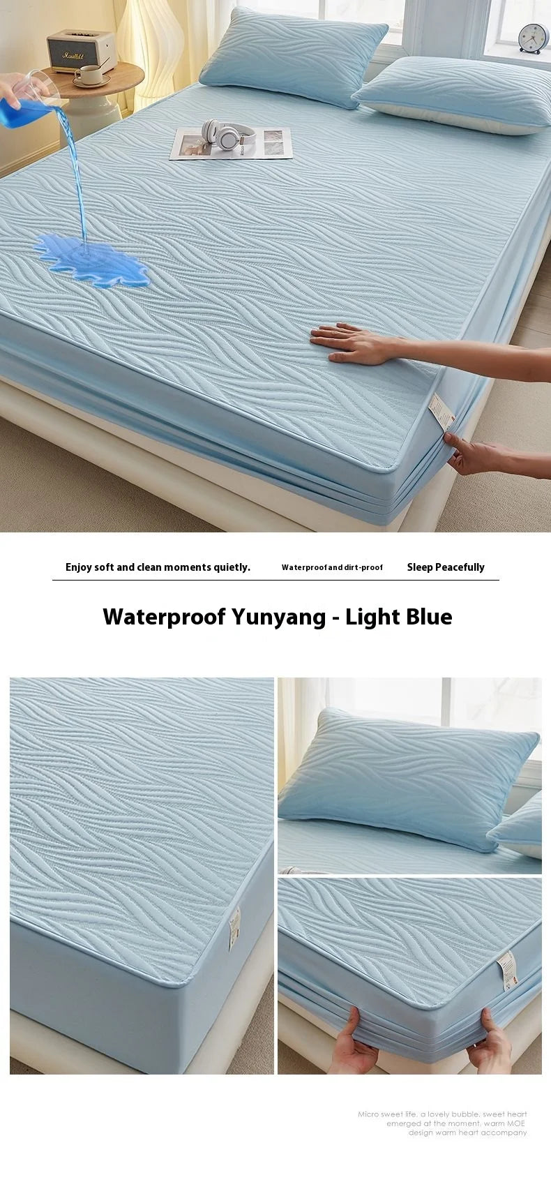 Light blue waterproof fitted mattress protector shown on a bed, highlighting its soft and clean features.
