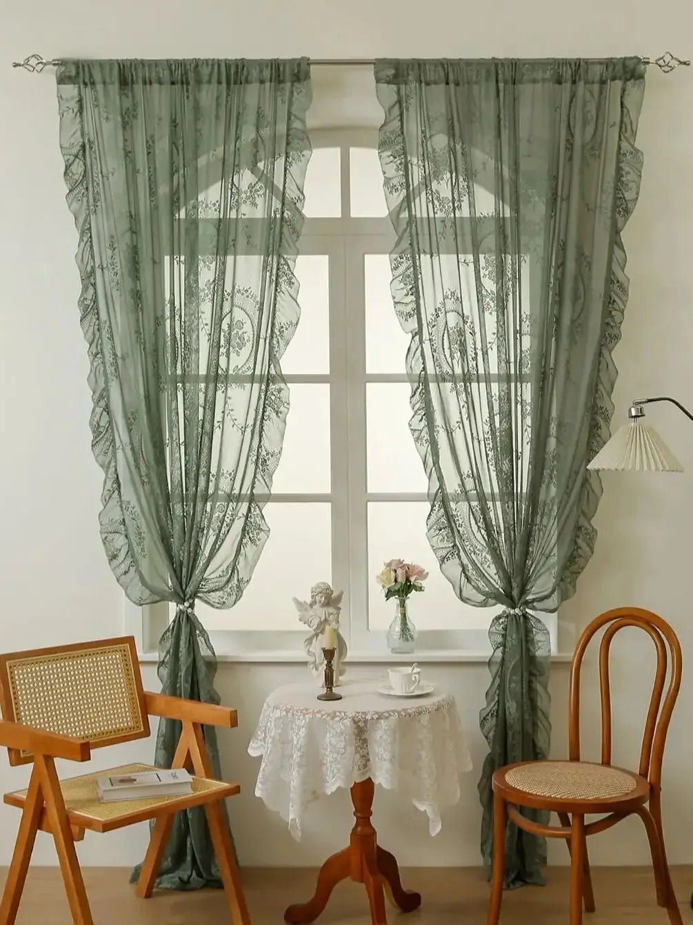 Green Lace Curtains 84 Inches Long, Boho Sheer Florals with Scallop Ruffle