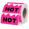 Roll of fluorescent pink irregular-shaped stickers with the text HOT printed on them