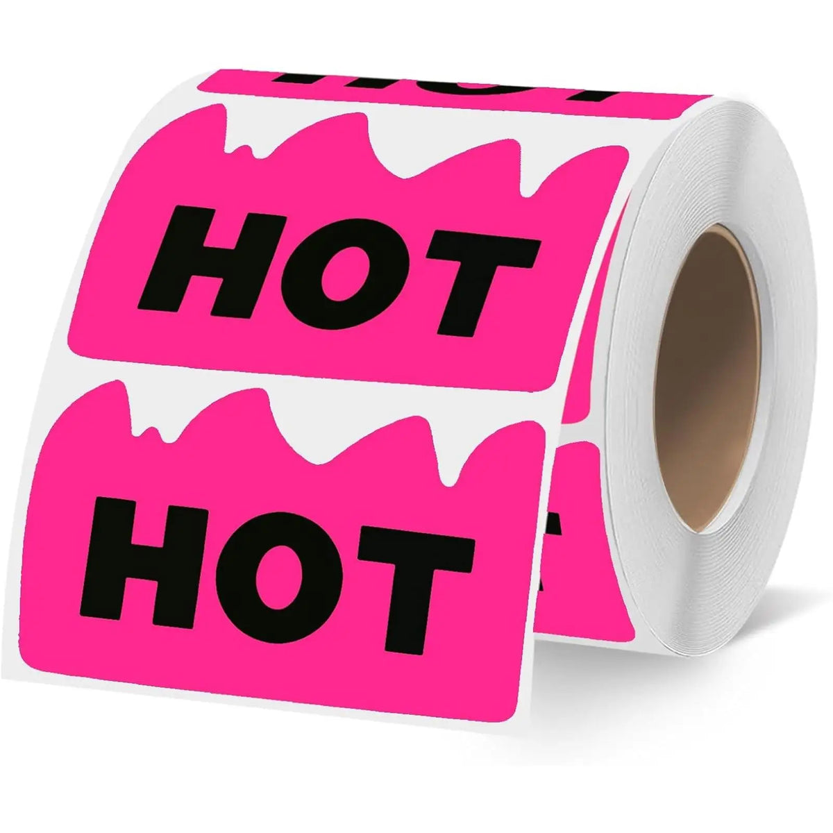Roll of fluorescent pink irregular-shaped stickers with the text HOT printed on them