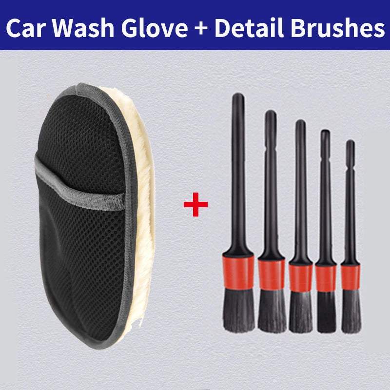 A set of black car wash gloves and several detail brushes displayed against a light gray background.