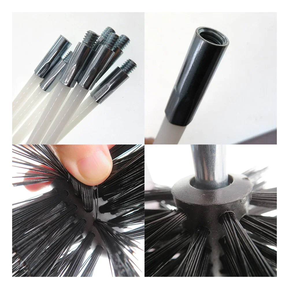 A set of flexible chimney and dryer vent cleaning brushes, including a long brush and a bristled brush head.