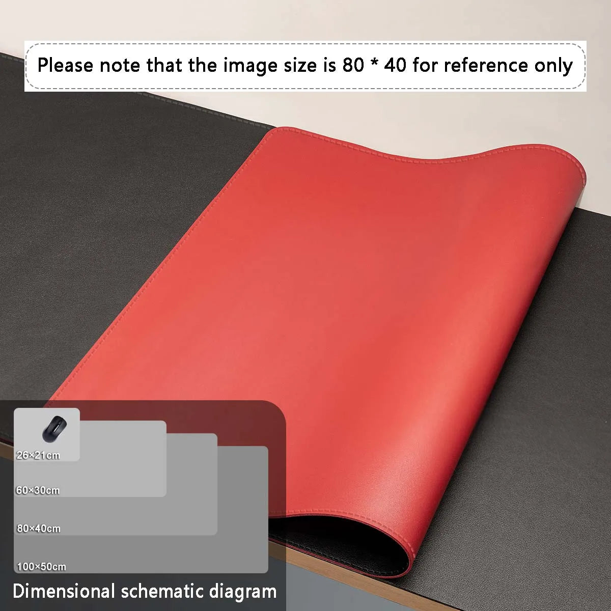 A red premium PU leather desk mat shown flat on a dark surface with a dimensional schematic diagram.