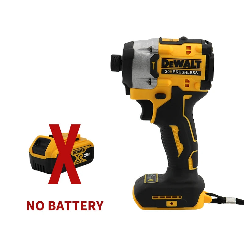 A yellow and black DeWalt 20V brushless cordless impact driver tool.