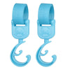 A pair of light blue rotating stroller hooks designed for hanging bags and essentials.