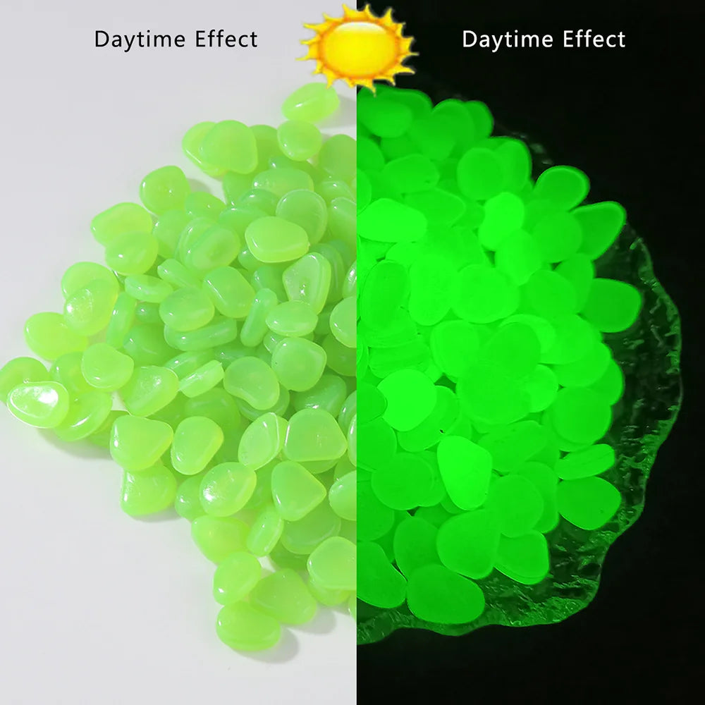 Bright green glow-in-the-dark resin pebbles used for garden and aquarium decoration.