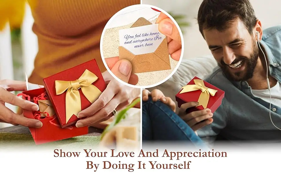 Hands present a set of red envelopes tied with gold ribbons and a note card for expressing love and appreciation.