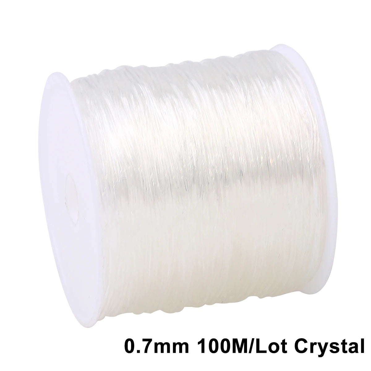 A spool of 0.7mm 100M lot crystal elastic cord for jewelry making and beading.