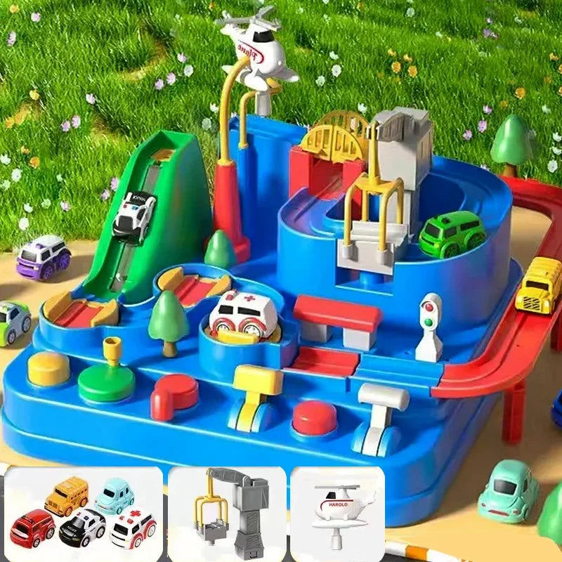 A blue plastic toy set featuring a racing track with train, animal, and space rocket designs.