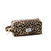 A leopard print toiletry bag with a pink trim and a small tag is shown on a white background.